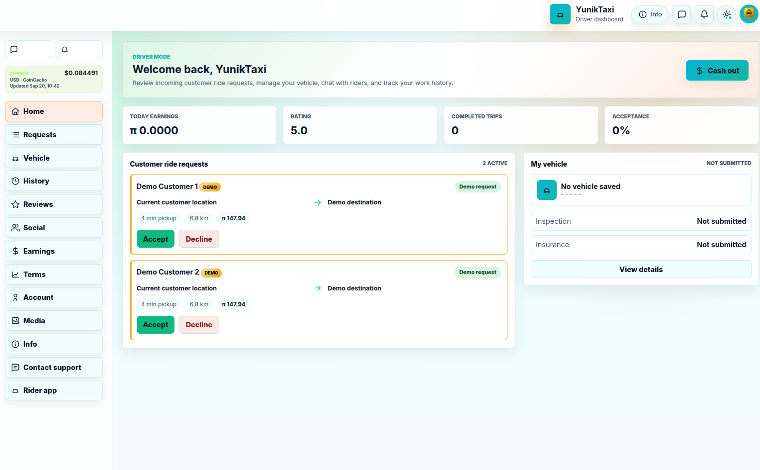 YunikTaxi customer dashboard